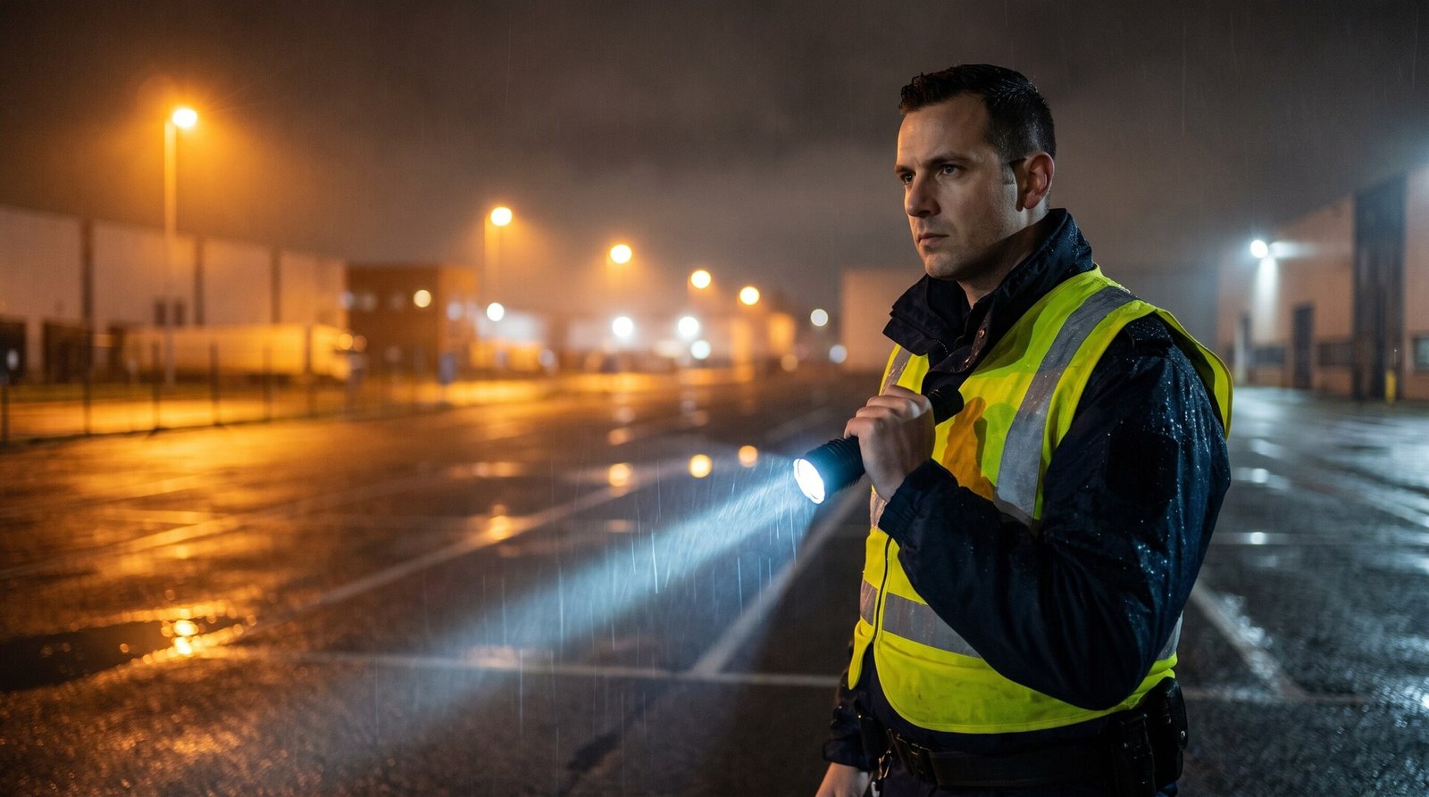 Agent de sécurité en gilet haute visibilité inspectant un site la nuit à la lampe torche