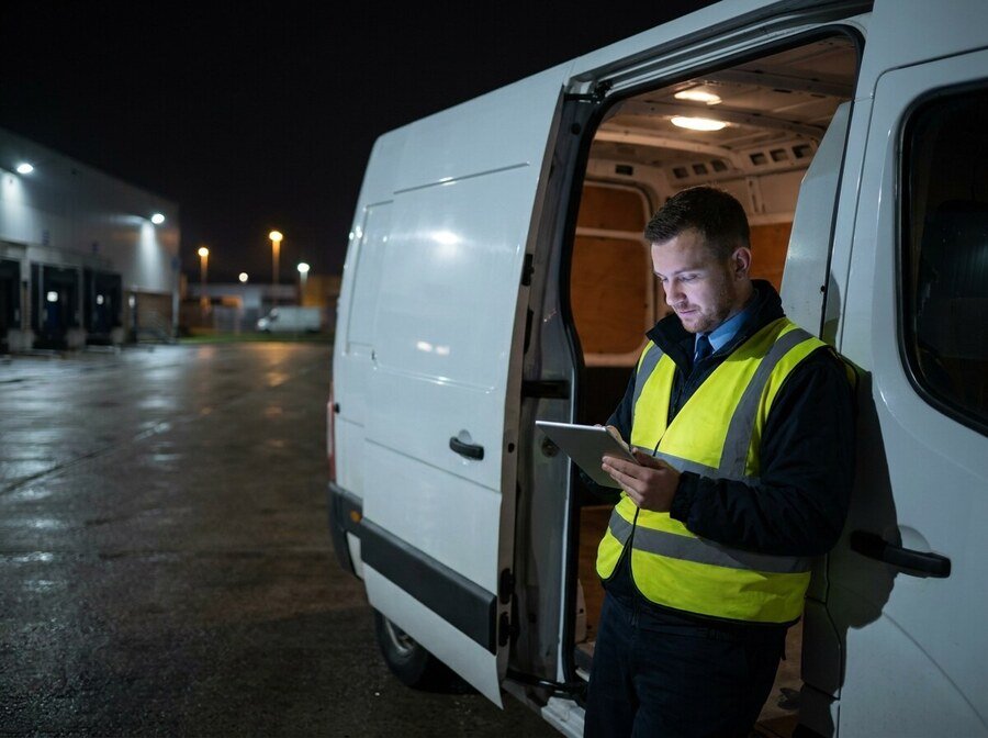 Agent de sécurité complétant son rapport d'intervention sur tablette près du véhicule